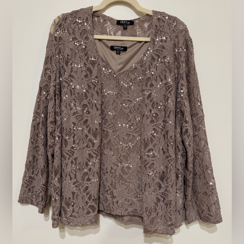 Onyx Nite by Wendye Chaitin Women's Vintage 2Pc Taupe Lace & Sequin Formal Set
